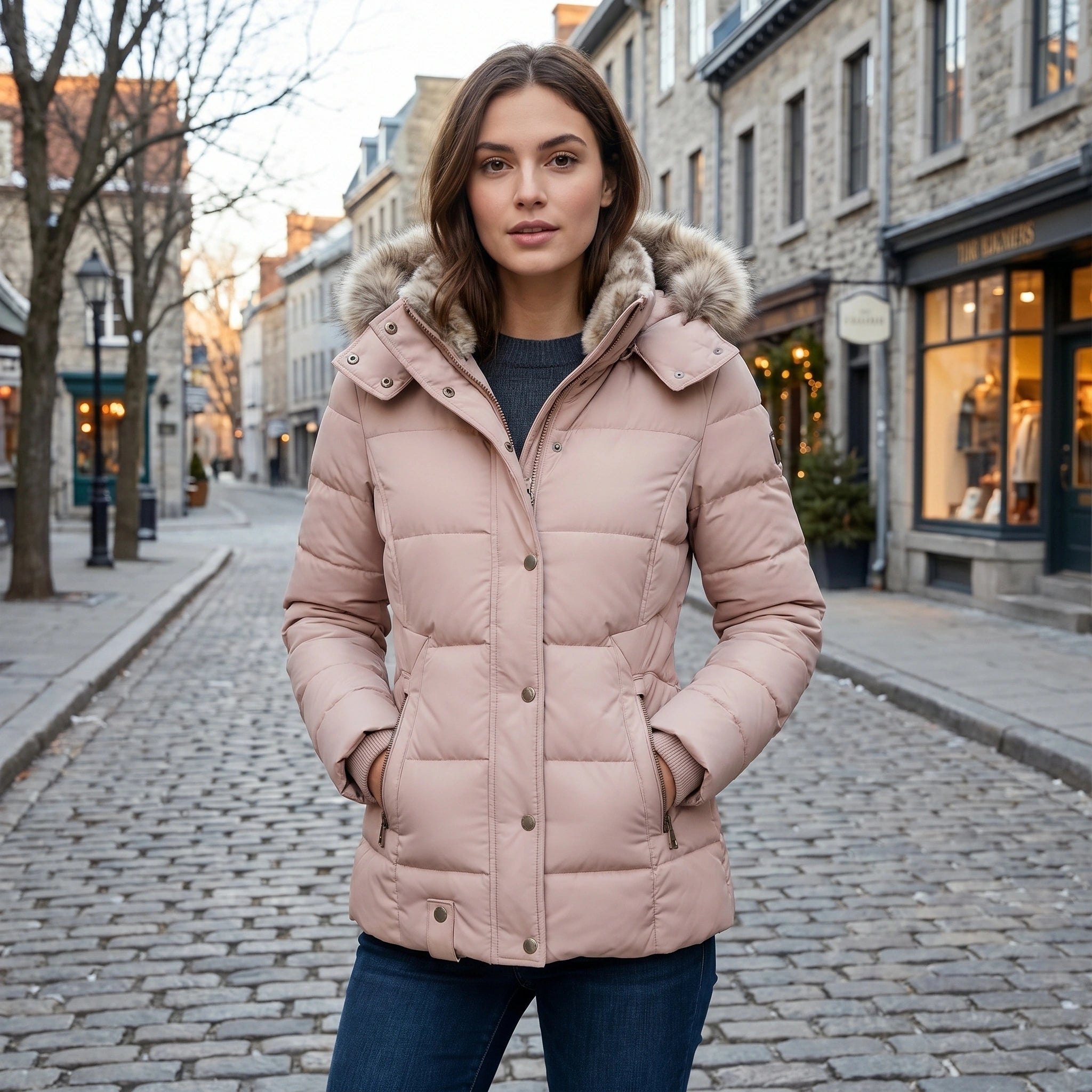 Close up view of the Womens Fitted Winter Puffer Jacket showing the intricate stitching and luxurious fabric texture against a soft, neutral background.