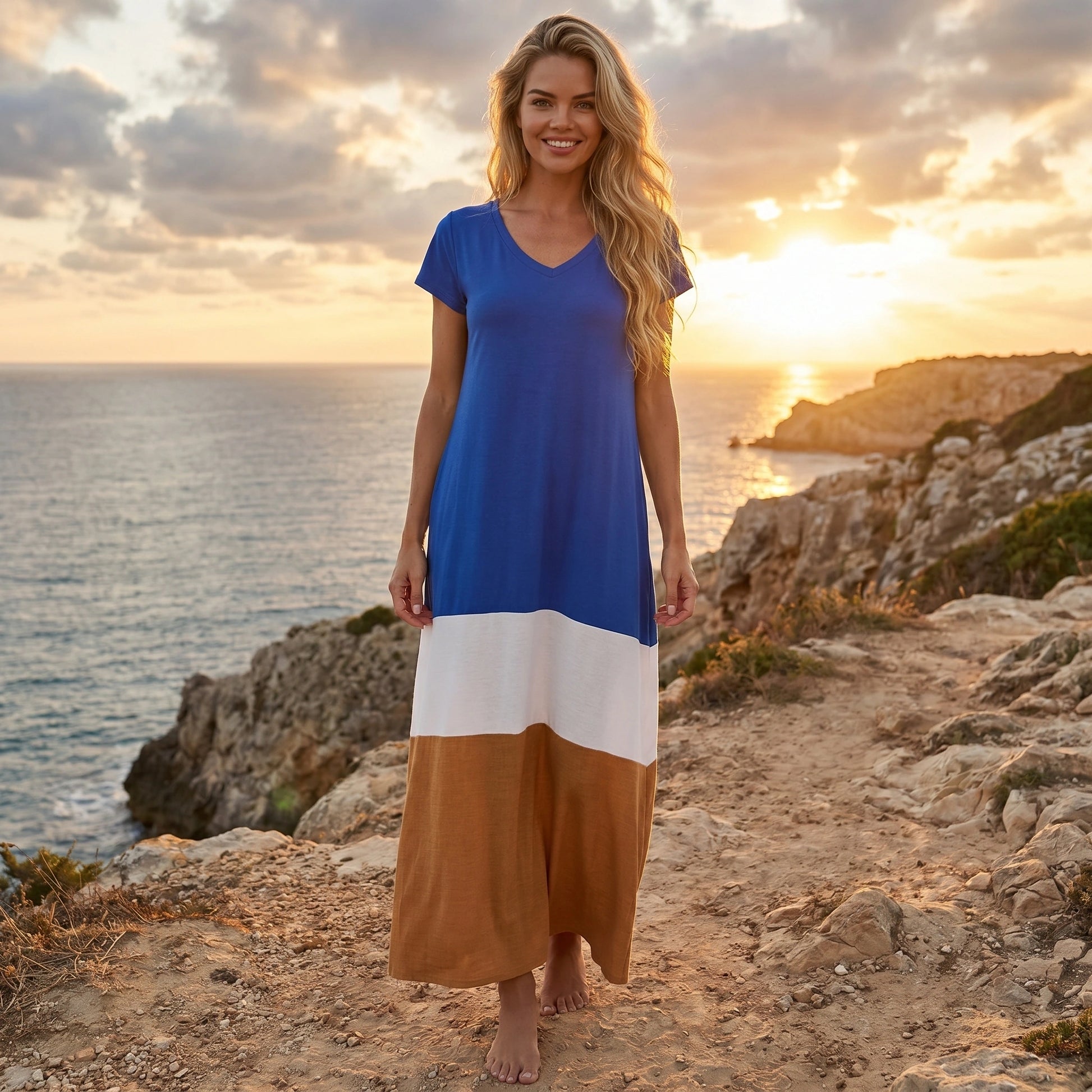 Close up view of the Womens Vibrant Flowy Maxi Dress showing its colorful fabric, delicate stitching, and flowing silhouette against a soft neutral background.