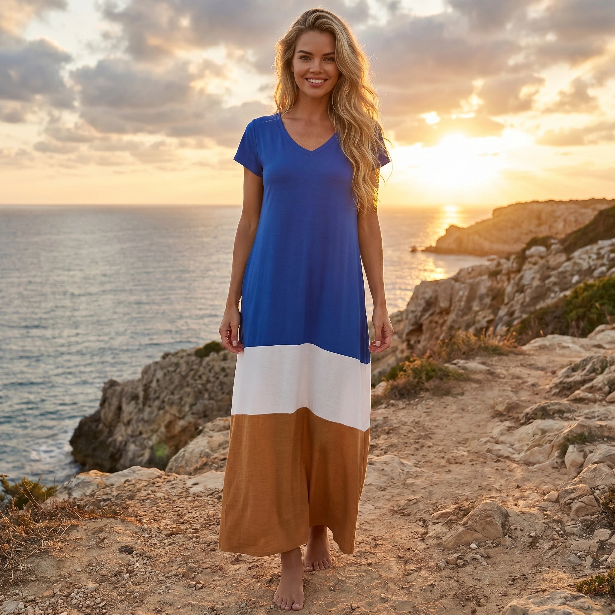 Close up view of the Womens Vibrant Flowy Maxi Dress showing its colorful fabric, delicate stitching, and flowing silhouette against a soft neutral background.