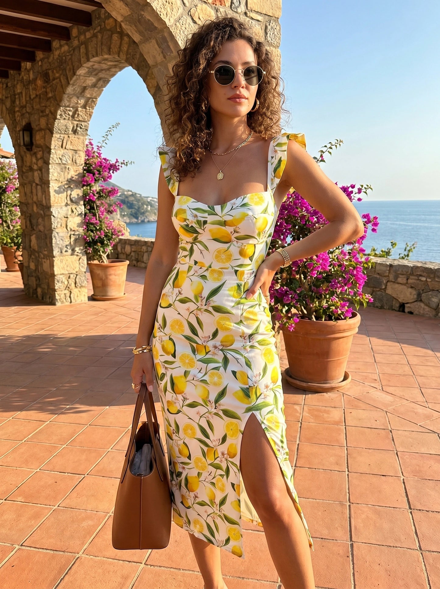 Close up view of the Womens Charming Floral Midi Dress showing intricate floral patterns, high quality stitching, and soft fabric texture against a neutral background.