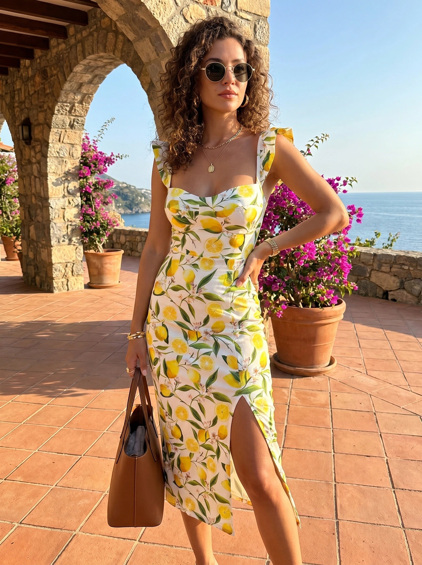 Close up view of the Womens Charming Floral Midi Dress showing intricate floral patterns, high quality stitching, and soft fabric texture against a neutral background.
