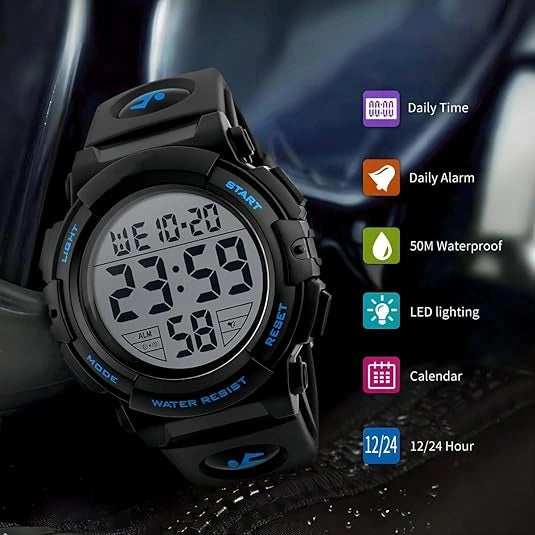 View of a durable black sports watch featuring a textured silicone strap and multiple function buttons