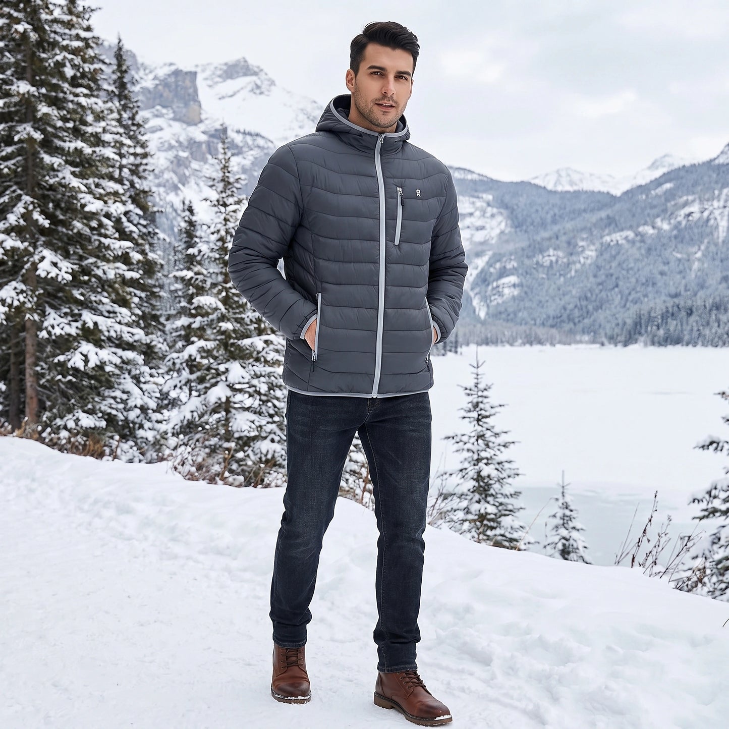 A model showcases a mens lightweight warm winter puffer jacket in navy, styled with casual jeans against a neutral outdoor background.