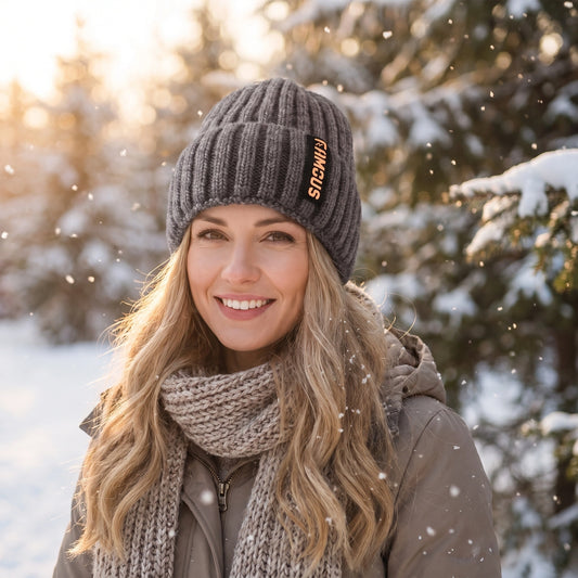 Back view of a women's cozy knitted winter beanie in a soft cream color, showing its textured construction and design against a neutral backdrop.