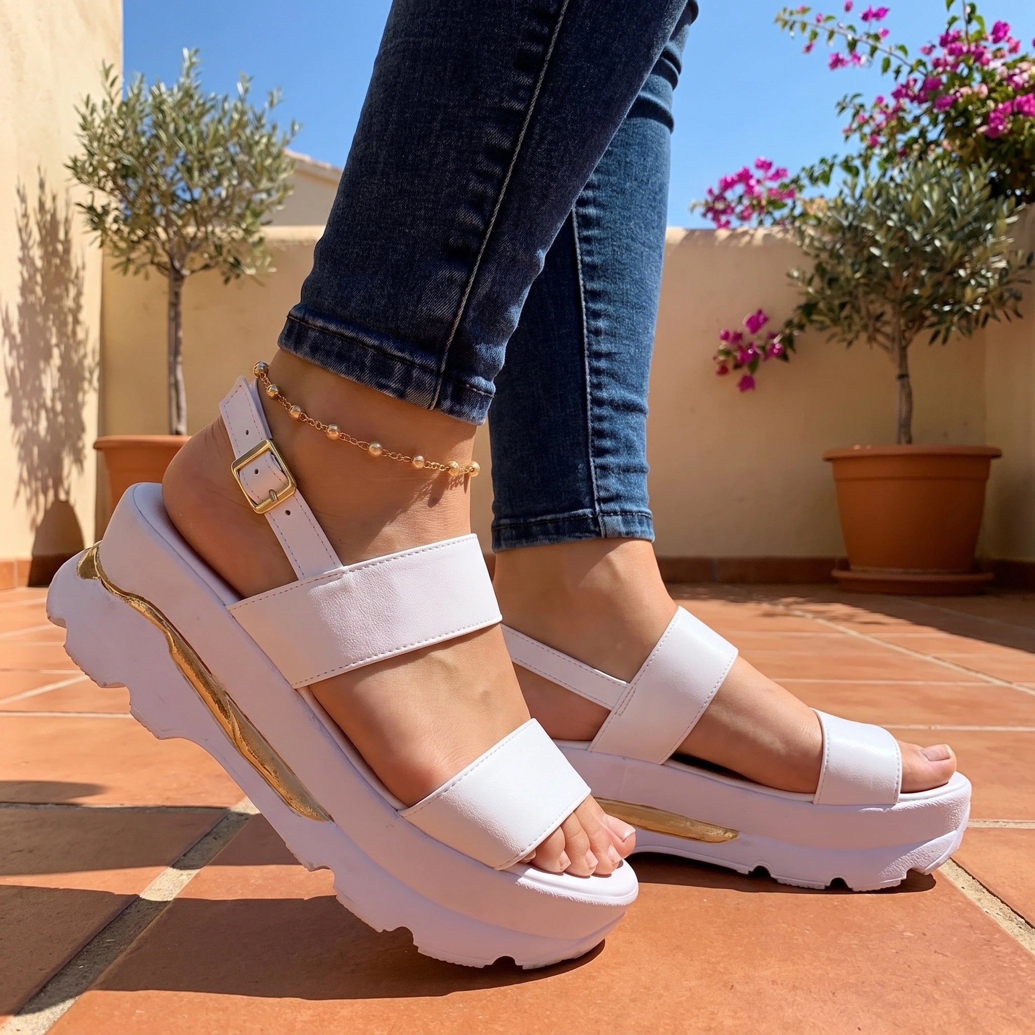 A model showcases low platform summer sandals in a vibrant outfit, showing a light, breezy top and shorts against a sunny outdoor backdrop.