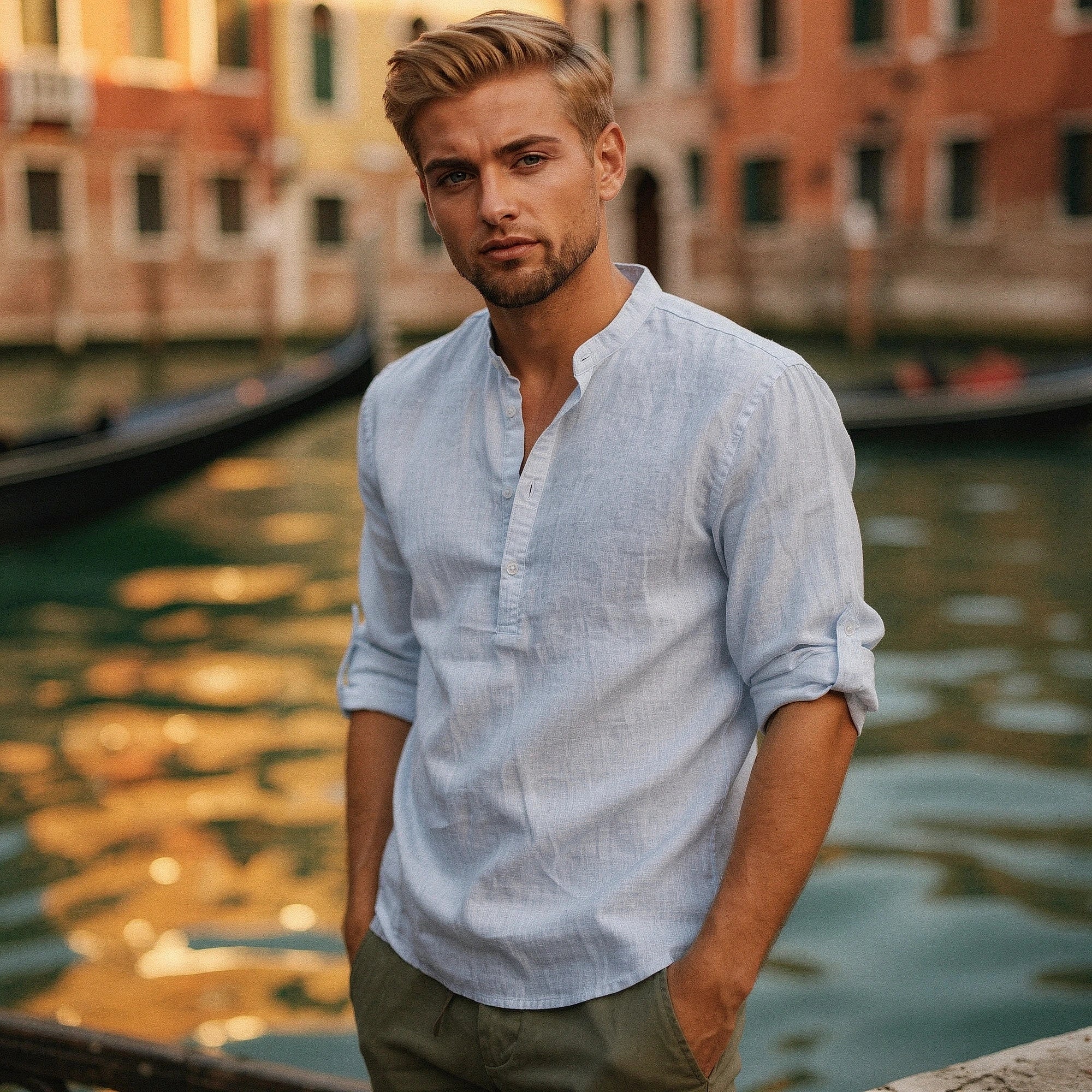 View of a relaxed fit autumn shirt in earthy tones, featuring a soft cotton material and button down collar