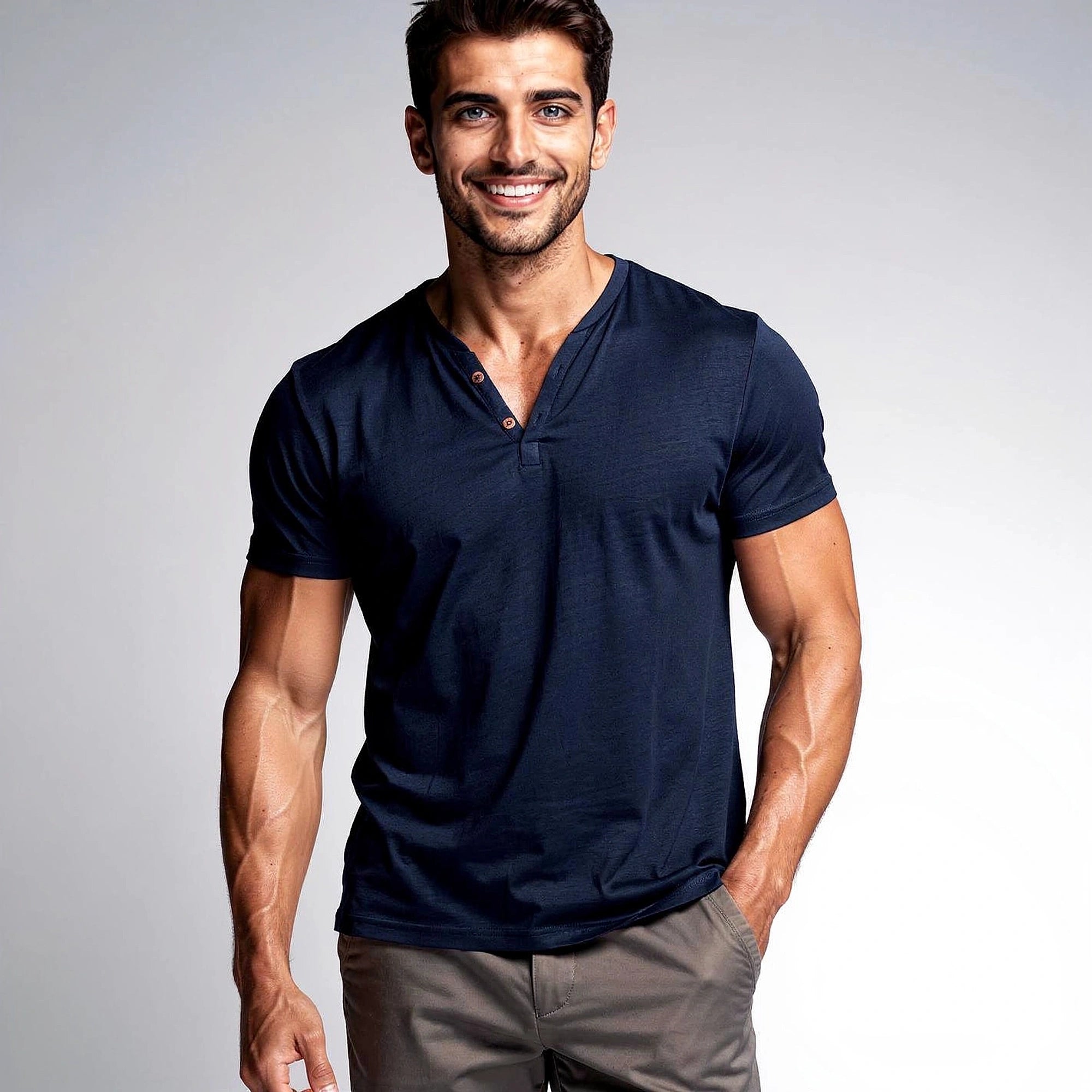 View of a plain short sleeve V neck t shirt in soft cotton fabric, showcasing a light gray color