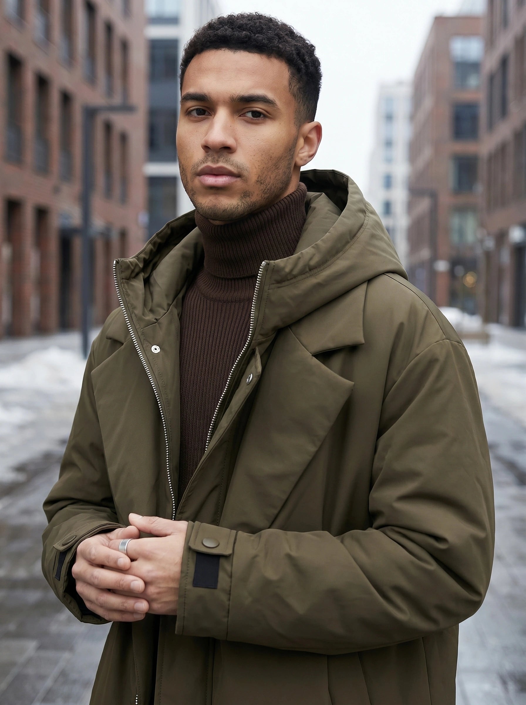 A model showcases a oversized winter overcoat in a deep navy color, styled with complementary accessories against a minimalist urban backdrop.