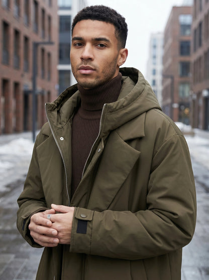 A model showcases a oversized winter overcoat in a deep navy color, styled with complementary accessories against a minimalist urban backdrop.