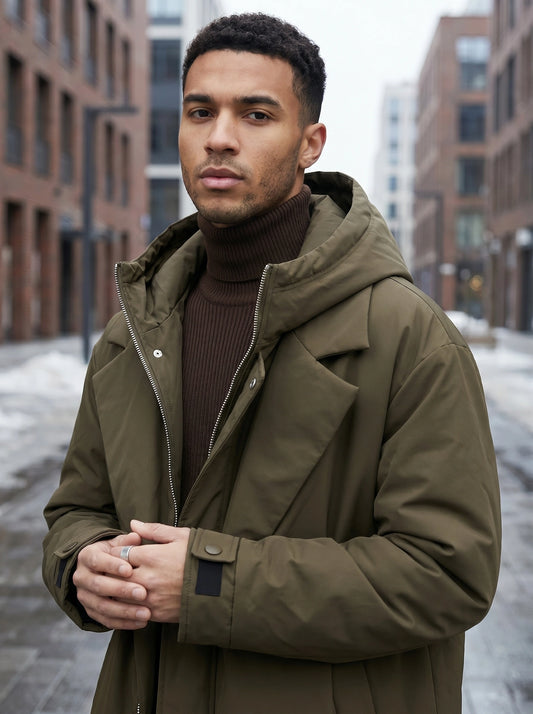 A model showcases a oversized winter overcoat in a deep navy color, styled with complementary accessories against a minimalist urban backdrop.