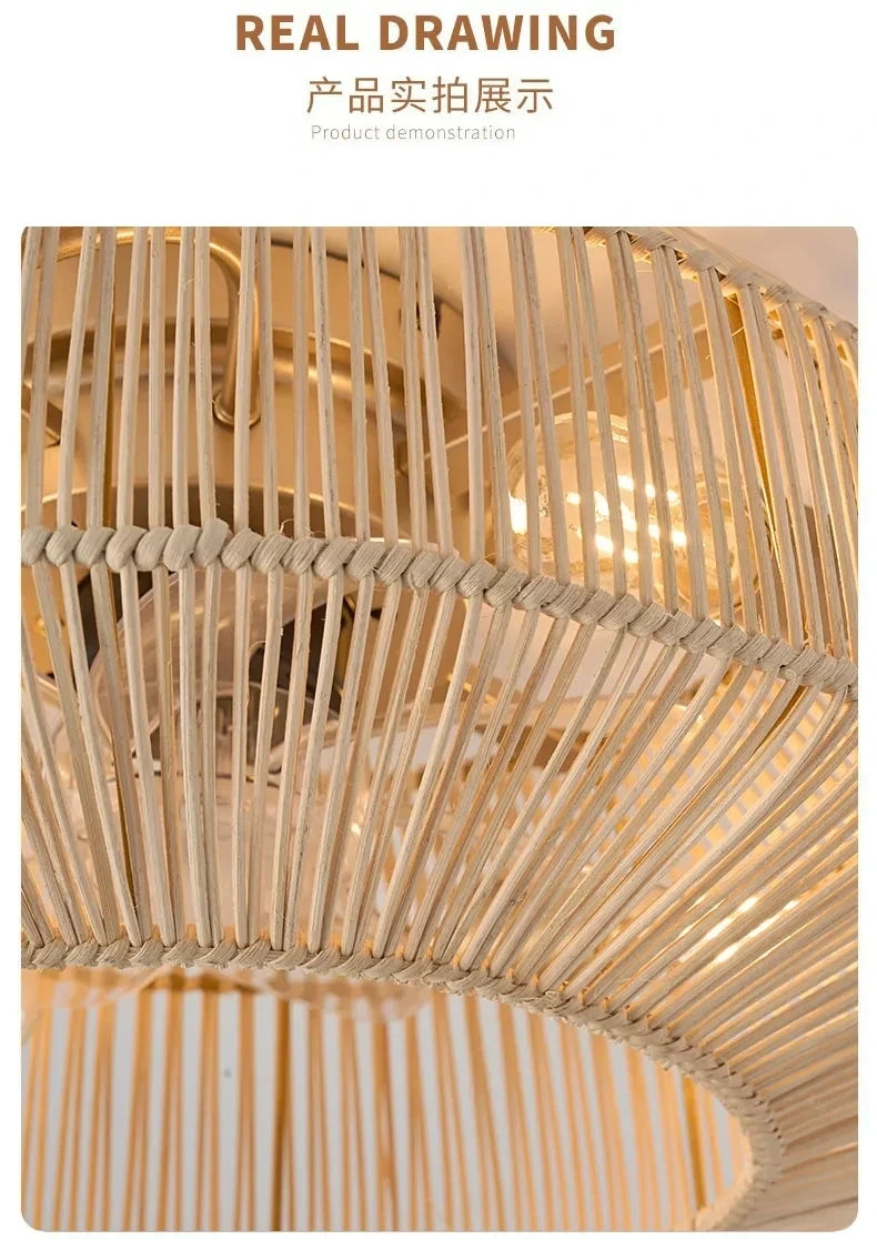 Of the rattan blades and light fixture, highlighting the elegant weaving and remote control functionality
