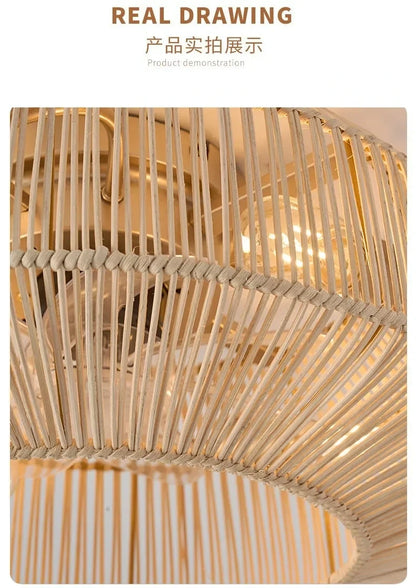 Of the rattan blades and light fixture, highlighting the elegant weaving and remote control functionality