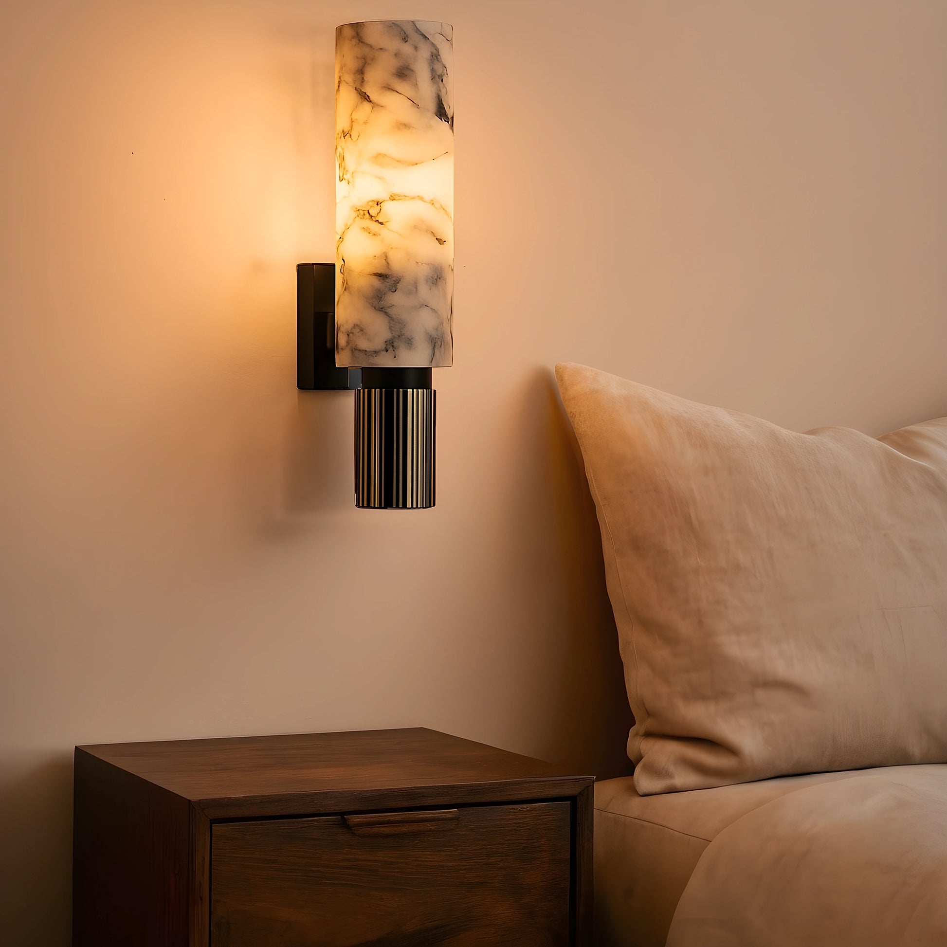 Elegant Art Deco wall sconce featuring a marble design in soft cream and gold tones, detailed view showcasing intricate patterns