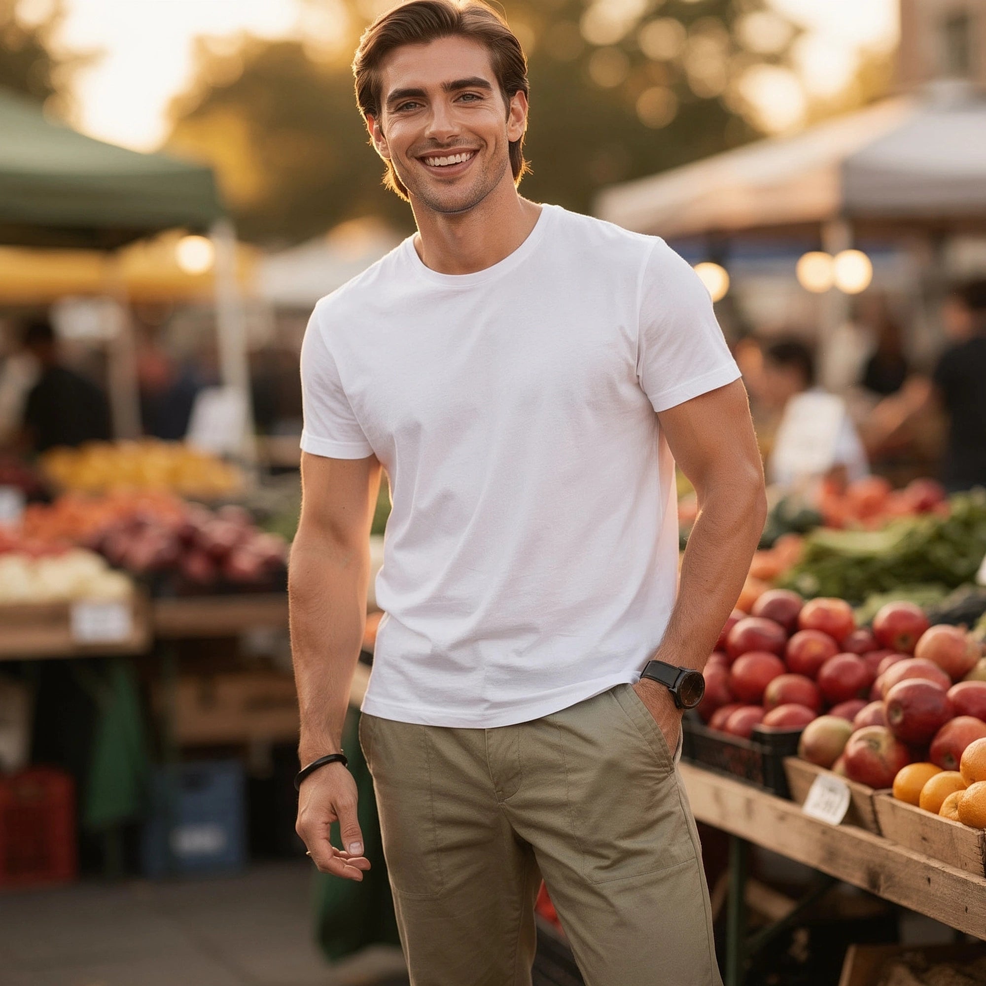 View of comfortable slim fit casual pants in a soft fabric, featuring a sleek design and neutral color
