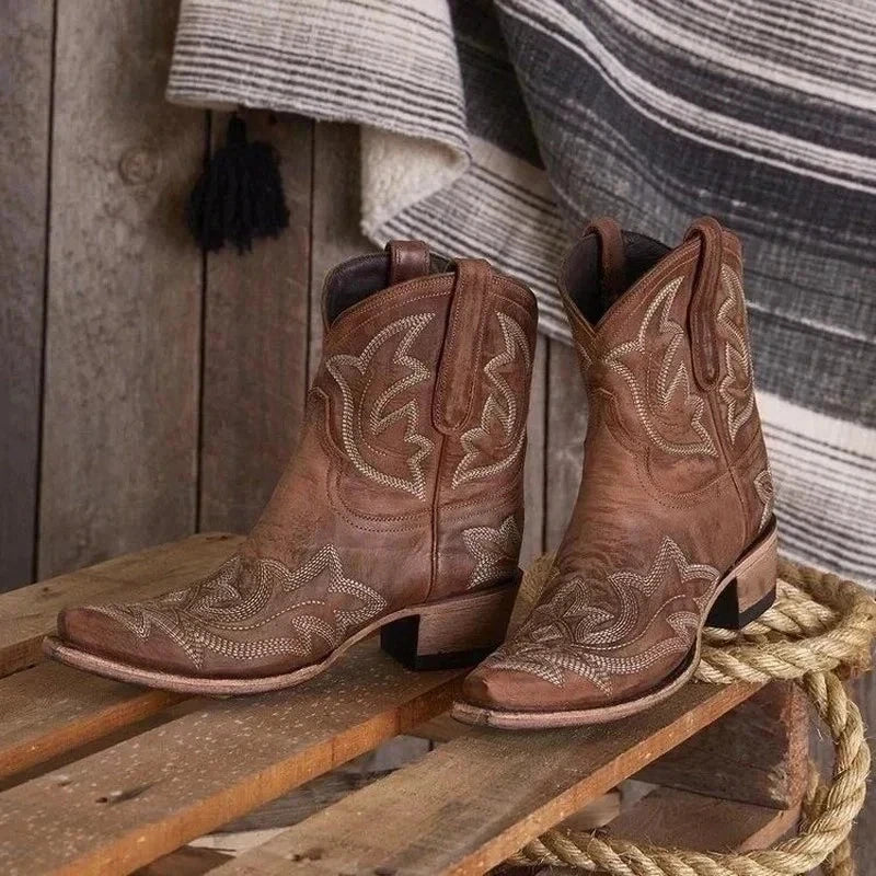 View of bold cowgirl boots featuring a striking design, made of leather with intricate stitching in vibrant colors