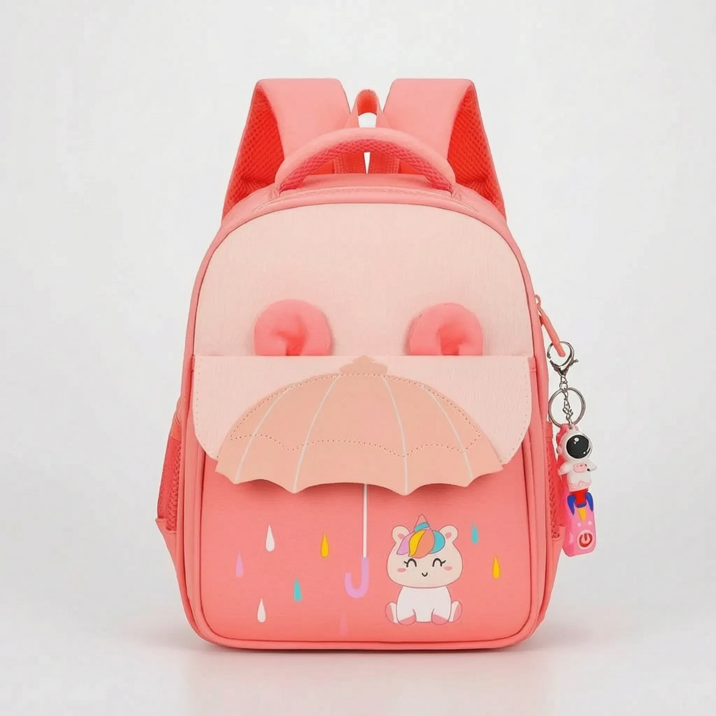 View of a cheerful cartoon print kids backpack in vibrant colors, featuring adjustable straps and a spacious compartment
