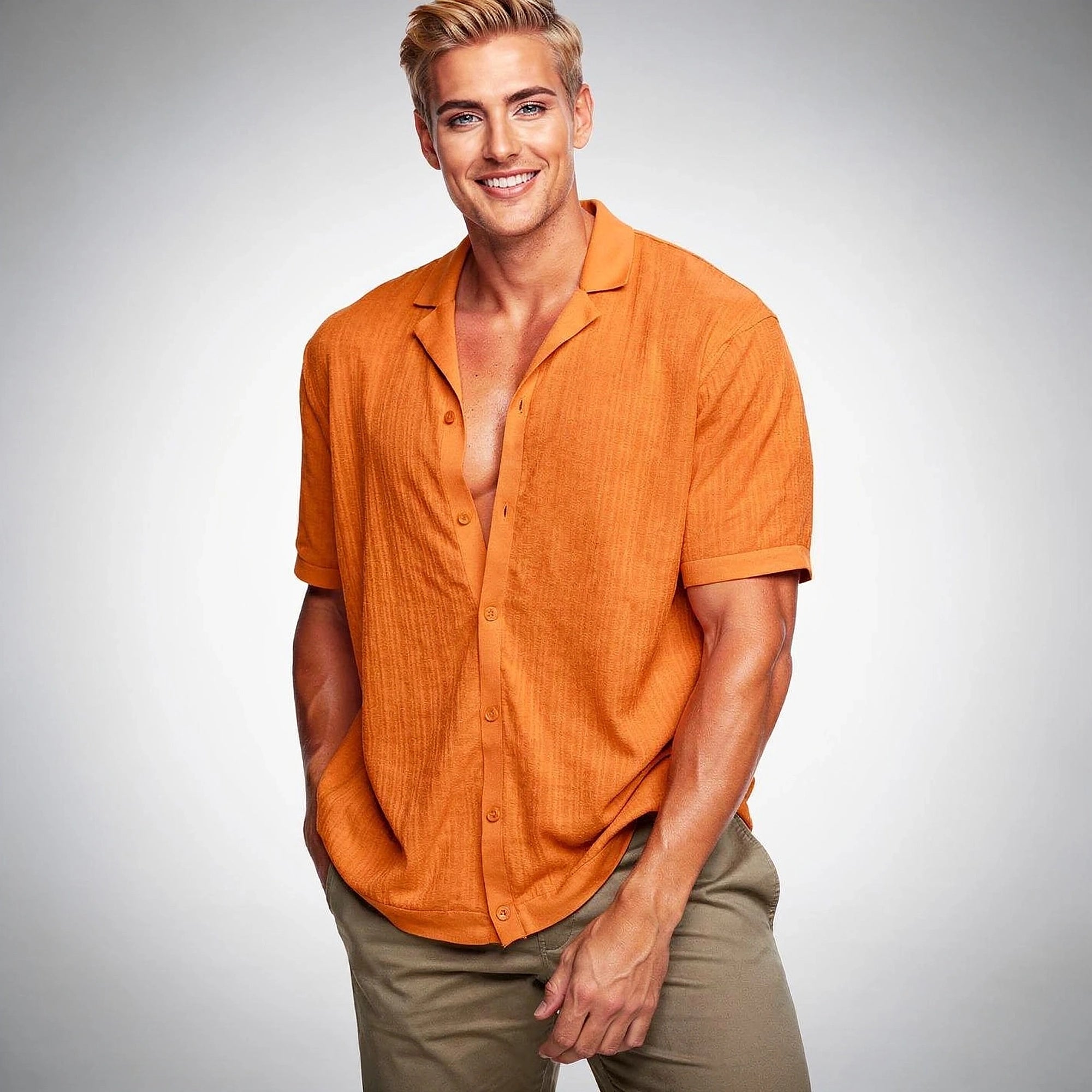 Light blue short sleeve button shirt made of soft cotton, featuring a relaxed fit and subtle texture, view