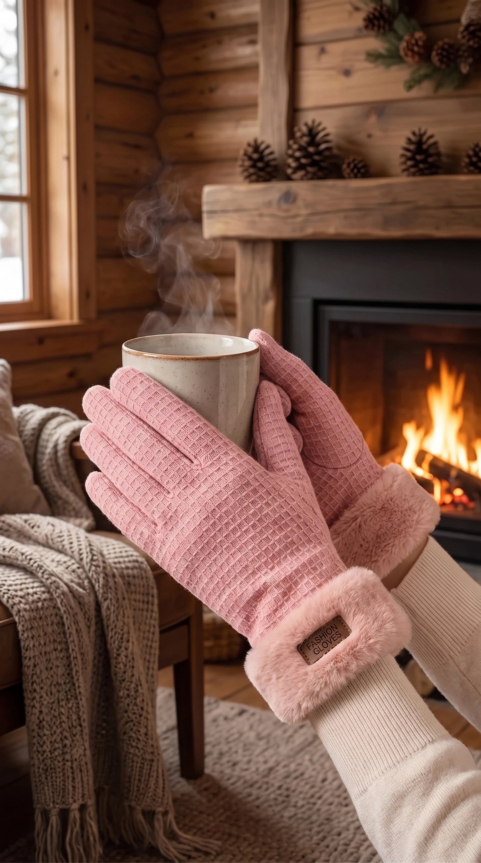 Close up view of the luxurious fabric and intricate stitching of the Womens Warm Winter Gloves, showing their quality and sophisticated design.