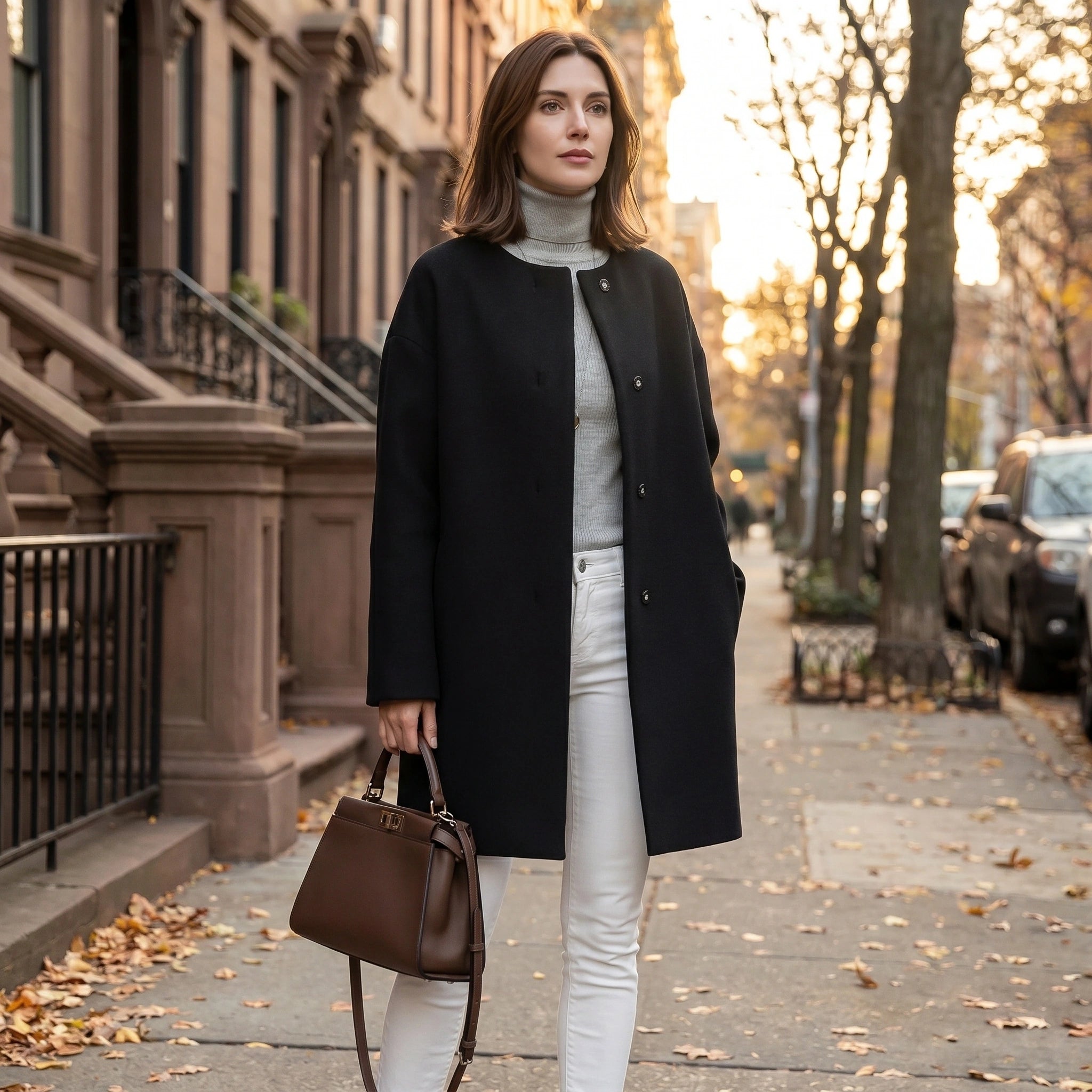 Close up view of the Womens Polished Minimalist Winter Coat showing the luxurious fabric texture and precise stitching details against a soft neutral background.
