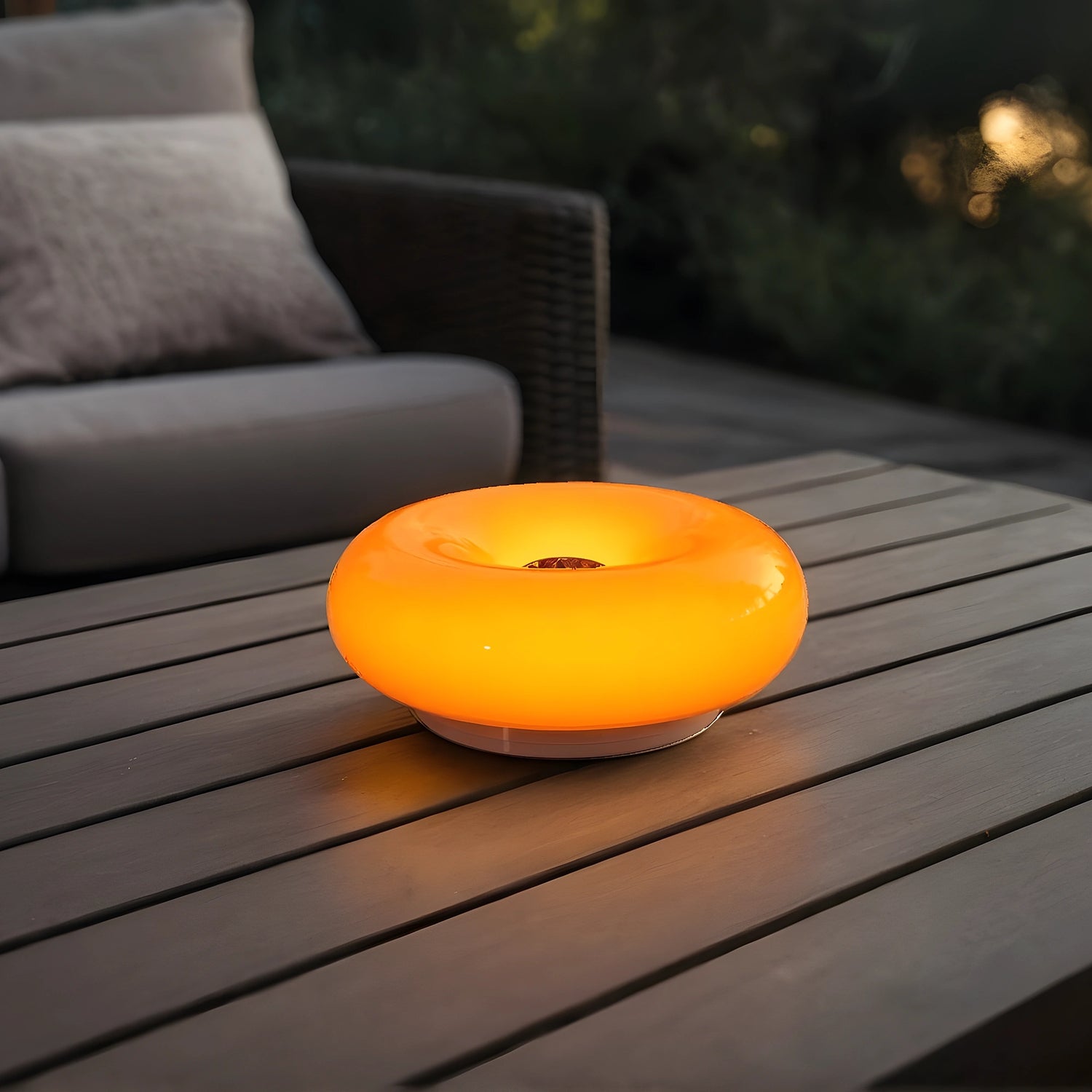 View of a sleek modern glass donut table lamp with adjustable lighting, featuring a clear glass body and a minimalist design
