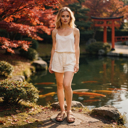 View of chic relaxed summer sandals in soft beige leather with adjustable ankle strap and cushioned footbed