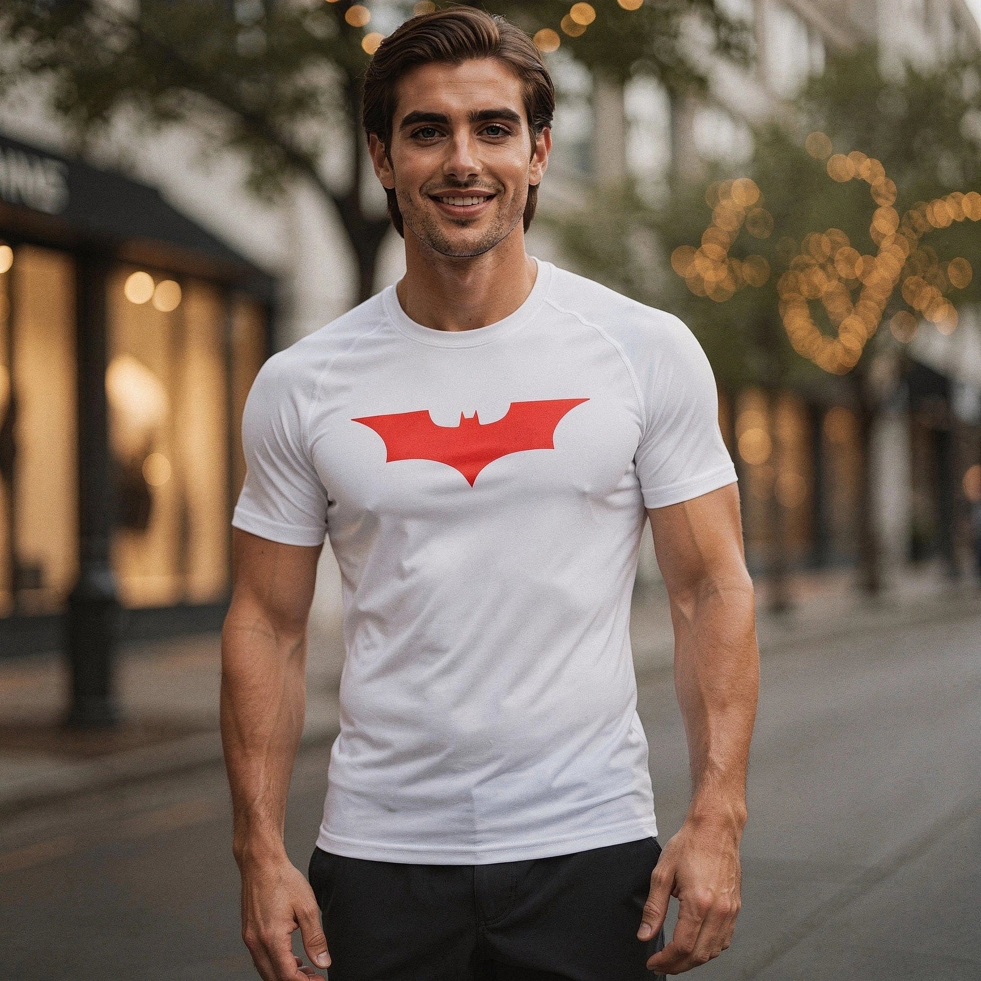 View of a black athletic compression running tee, featuring short sleeves and a fitted design