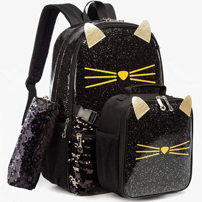 View of a shimmering cat face school backpack featuring playful colors, adjustable straps, and a spacious compartment