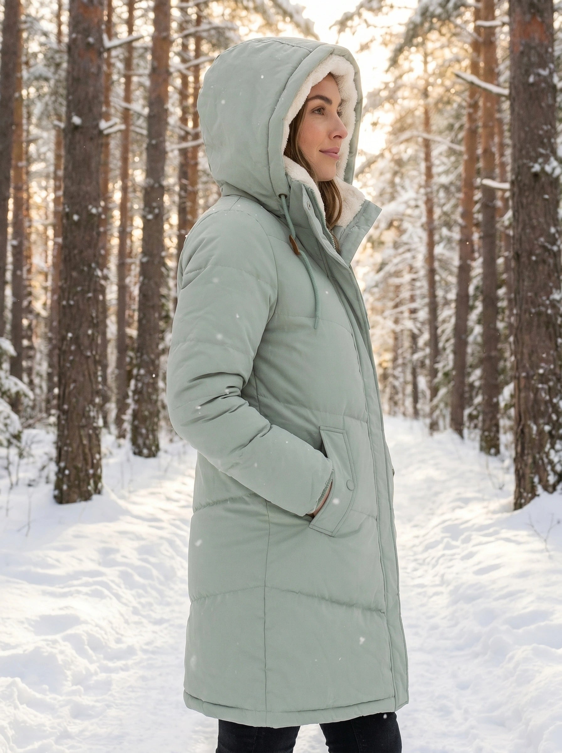 Close up view of the women's flattering quilted winter puffer jacket showing the intricate stitching and luxurious fabric texture against a neutral background.