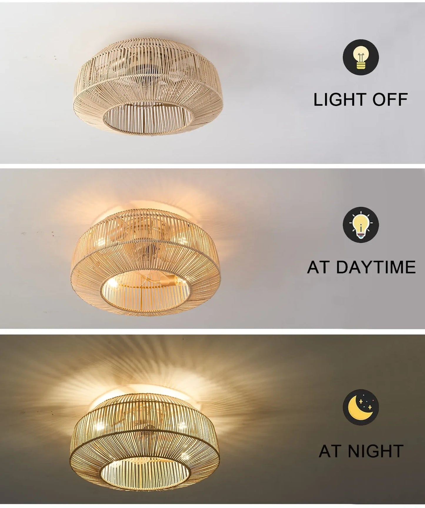 Of the rattan ceiling fan blades showcasing the intricate woven texture and integrated lighting design for ambiance
