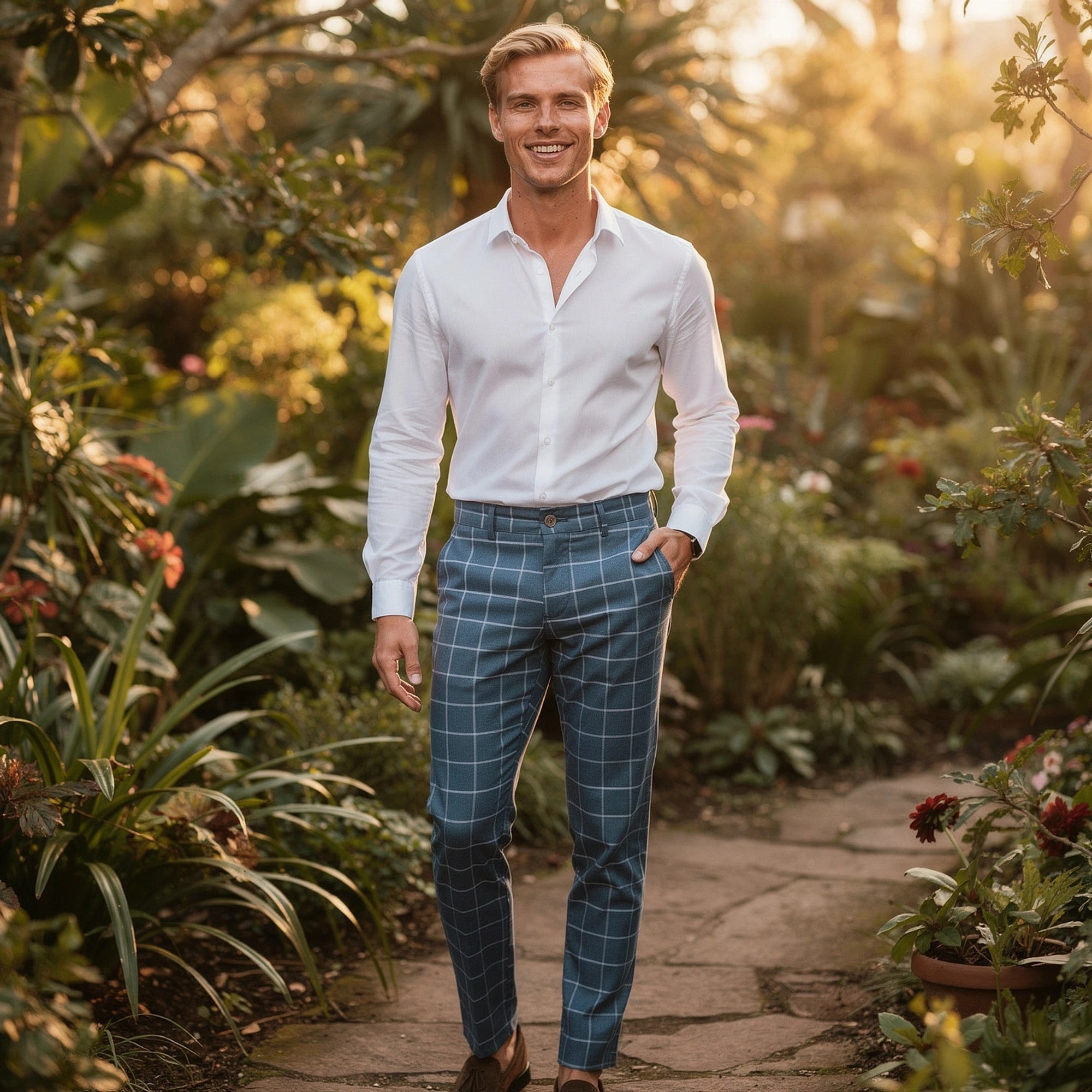 View of modern tailored tapered trousers in charcoal gray fabric, featuring a sleek fit and clean lines