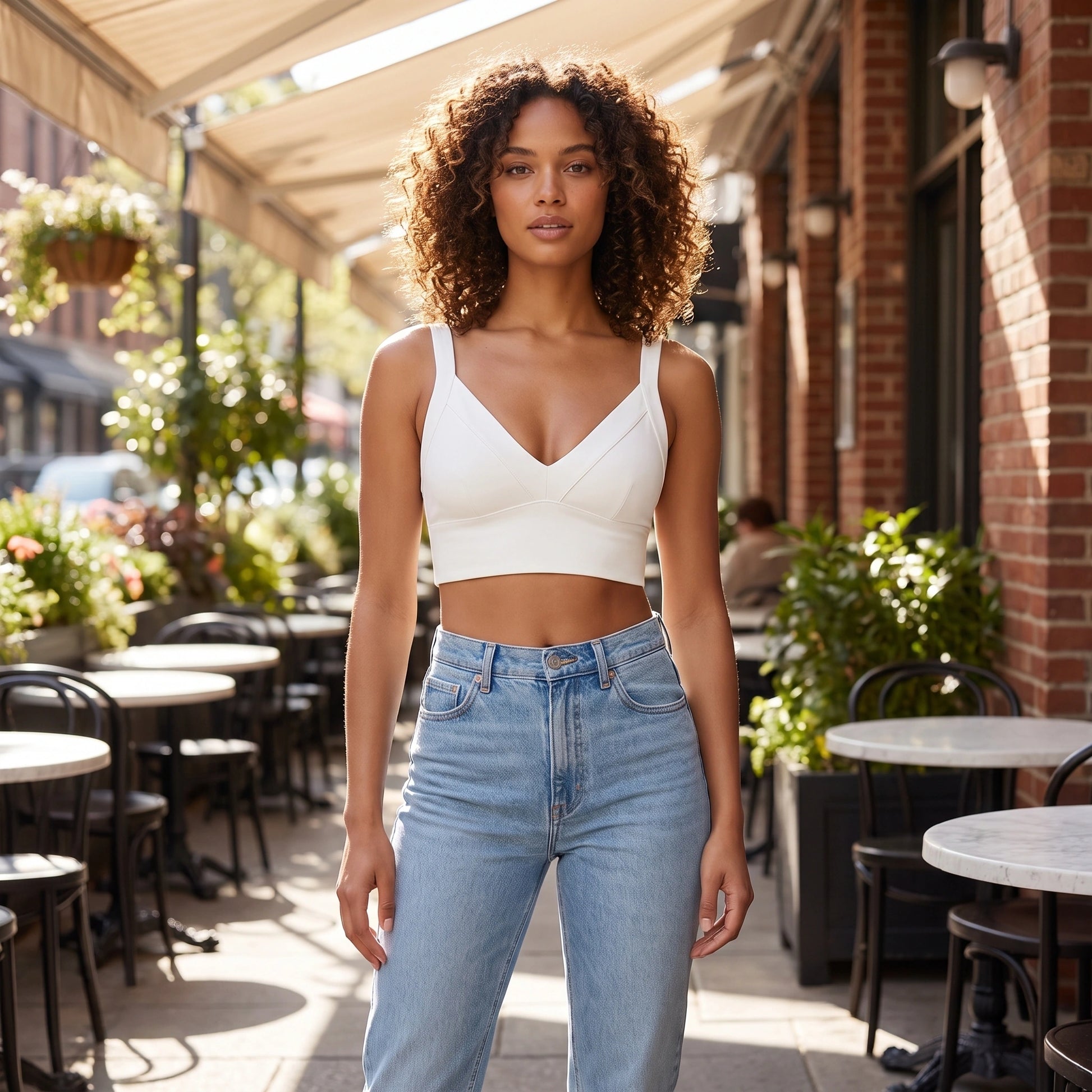 Close up view of the Womens Supportive Cropped Top showing its soft fabric, intricate stitching, and design details against a neutral background.