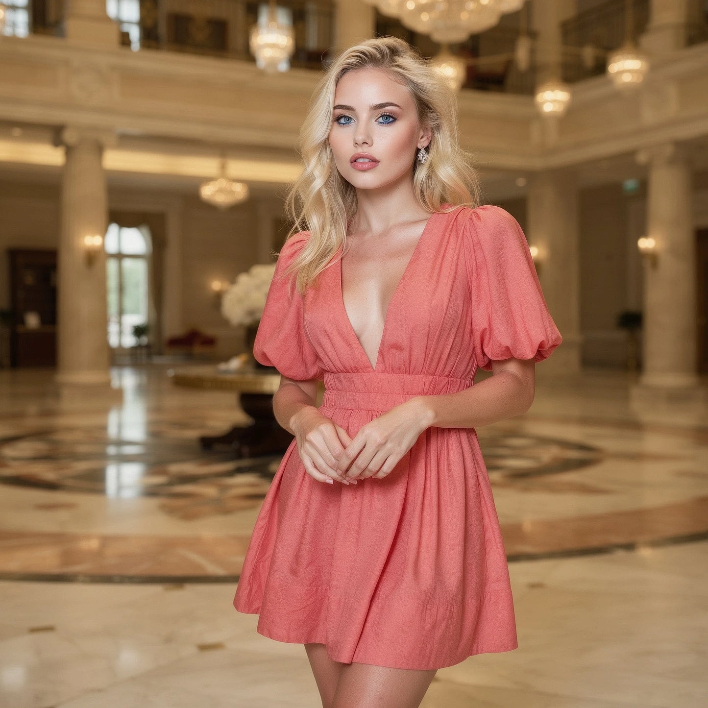View of a flattering mini dress in a soft fabric, featuring a fitted silhouette and a vibrant color