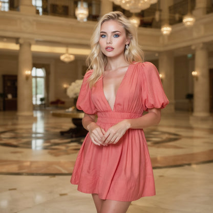 View of a flattering mini dress in a soft fabric, featuring a fitted silhouette and a vibrant color