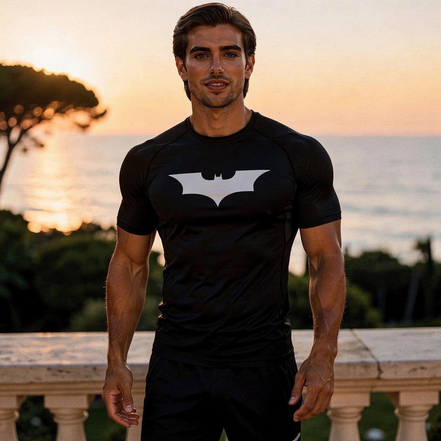 View of a black men's athletic compression running tee, featuring moisture wicking fabric and short sleeves
