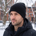 Close up view of the soft knit fabric and detailed stitching of the Men's Casual Warm Winter Beanie in a versatile charcoal gray color.