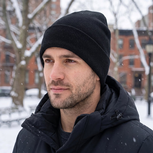 Close up view of the soft knit fabric and detailed stitching of the Men's Casual Warm Winter Beanie in a versatile charcoal gray color.