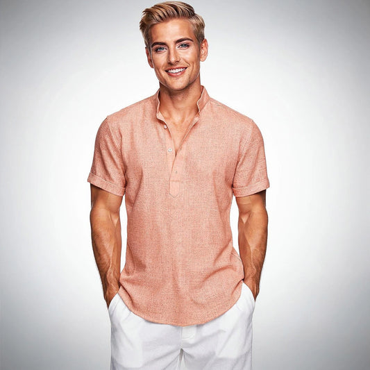 View of a relaxed fit henley shirt in light gray, featuring a button placket and soft cotton material