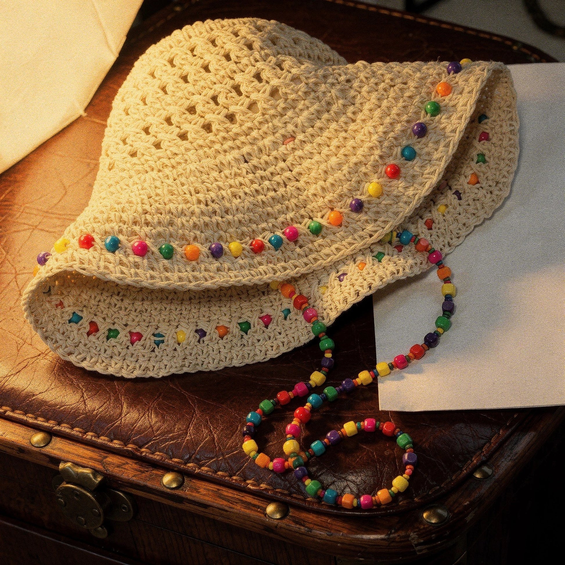 Colorful crochet summer bucket hat with a wide brim and intricate patterns, detailed view showcasing vibrant hues