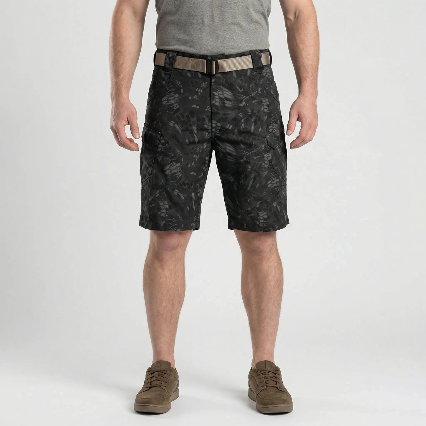 View of durable khaki cargo shorts featuring multiple pockets and a relaxed fit, showcasing the sturdy fabric and stitching