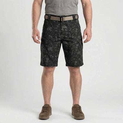 View of durable khaki cargo shorts featuring multiple pockets and a relaxed fit, showcasing the sturdy fabric and stitching