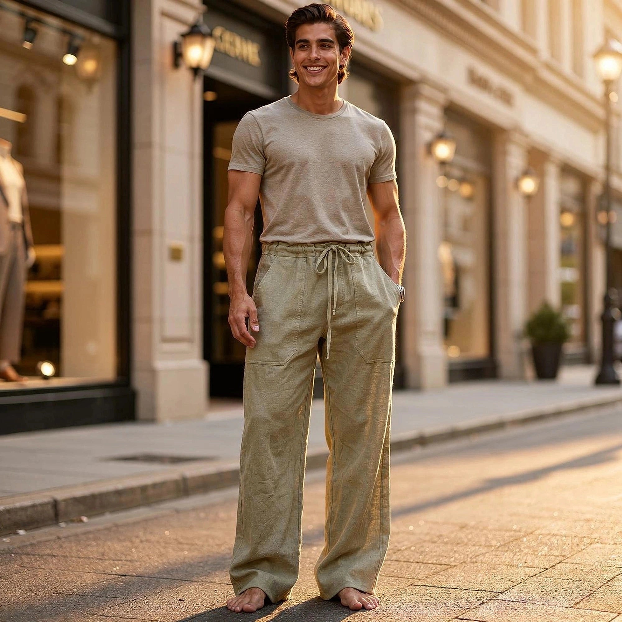 View of relaxed wide leg trousers in light beige fabric, featuring a comfortable fit and subtle pleats