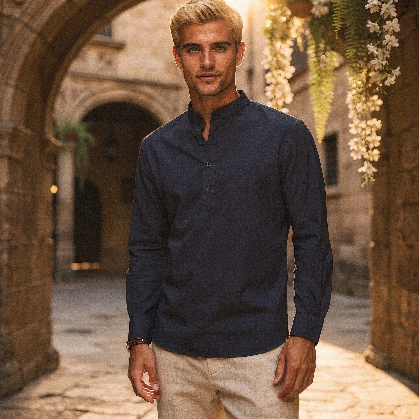Lightweight casual henley shirt in soft cotton blend, featuring a relaxed fit and three button placket, view