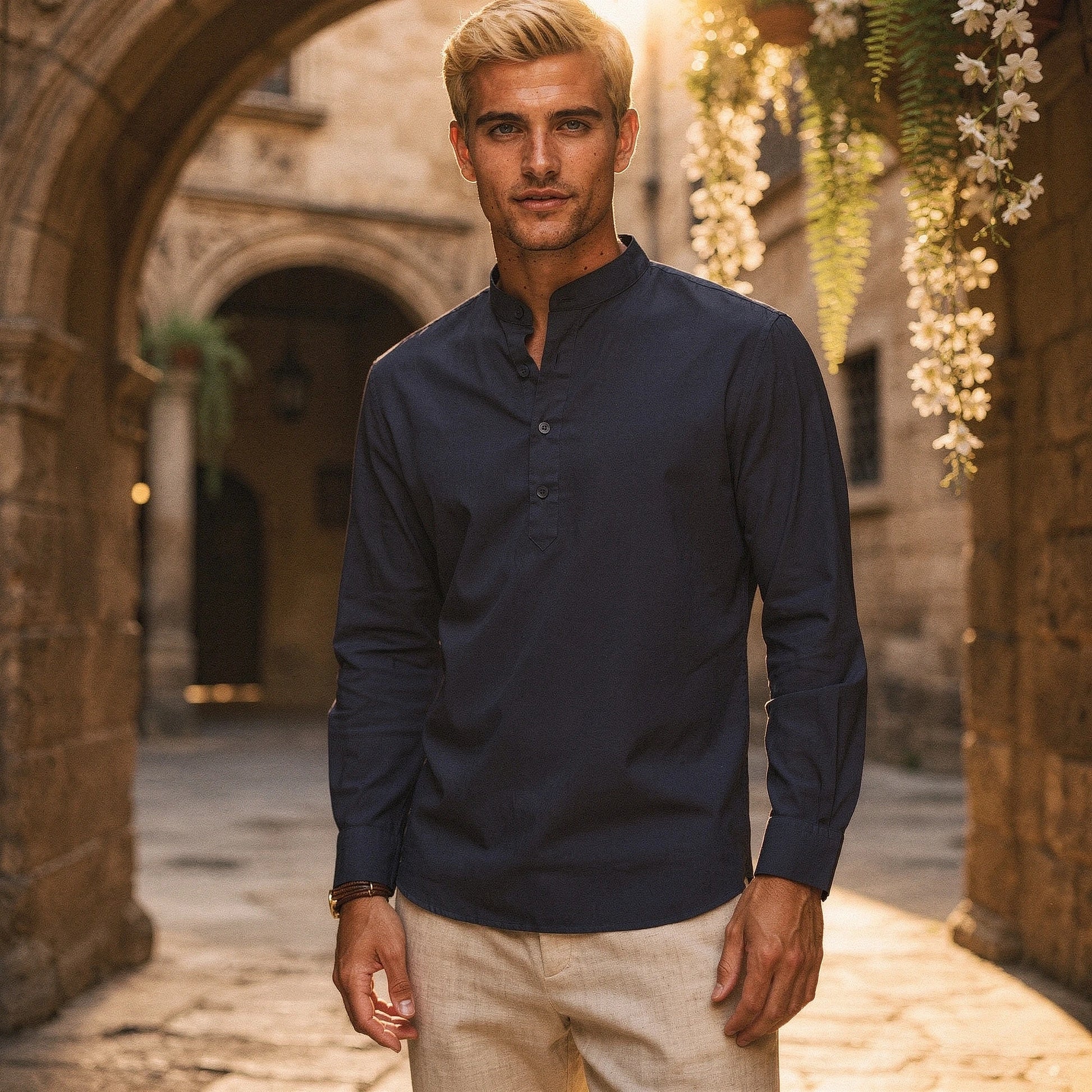 Lightweight casual henley shirt in soft cotton blend, featuring a relaxed fit and three button placket, view