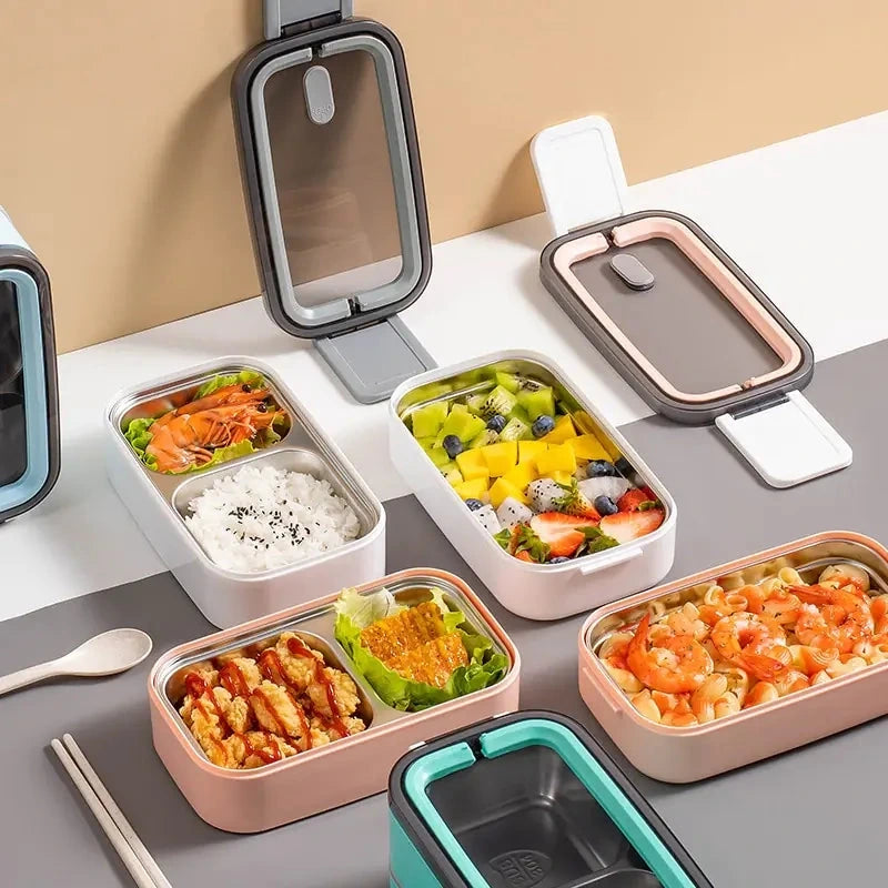 View of a sleek stainless steel double layer lunch box with a modern design and secure lid, featuring a polished finish