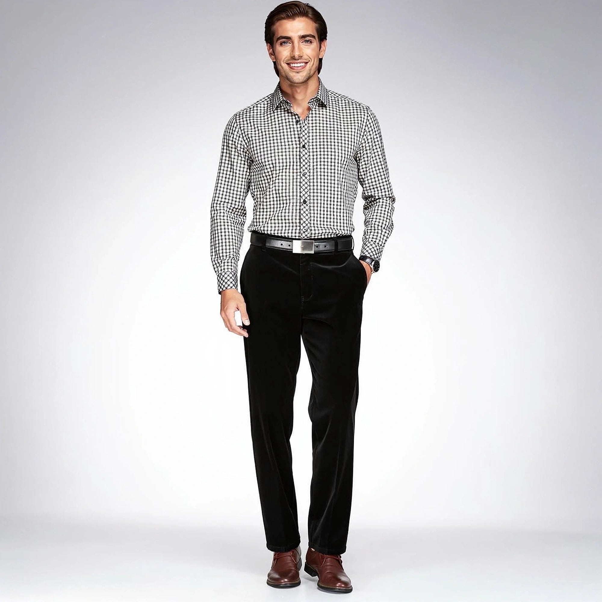 View of luxurious tailored velvet dress pants in deep green, featuring a sleek silhouette and refined finish