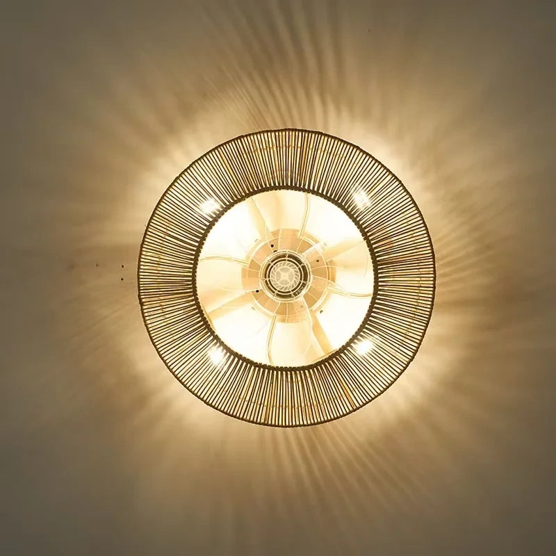 Of the elegant rattan blades, showcasing intricate weaving patterns and sleek integrated LED lighting for ambiance