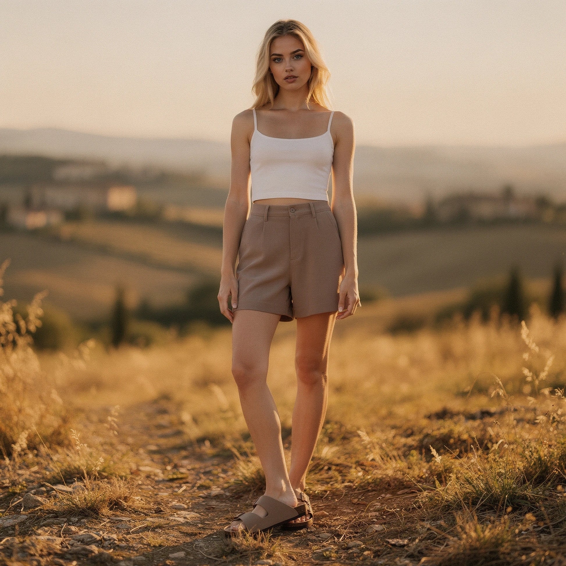 View of chic relaxed summer sandals in soft beige leather with a comfortable footbed and adjustable ankle strap