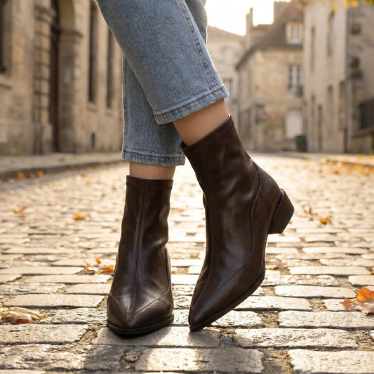 Close up of the Womens Vintage Ankle Boots showing the rich fabric texture, intricate stitching, and design elements perfect for autumn and winter outfits.
