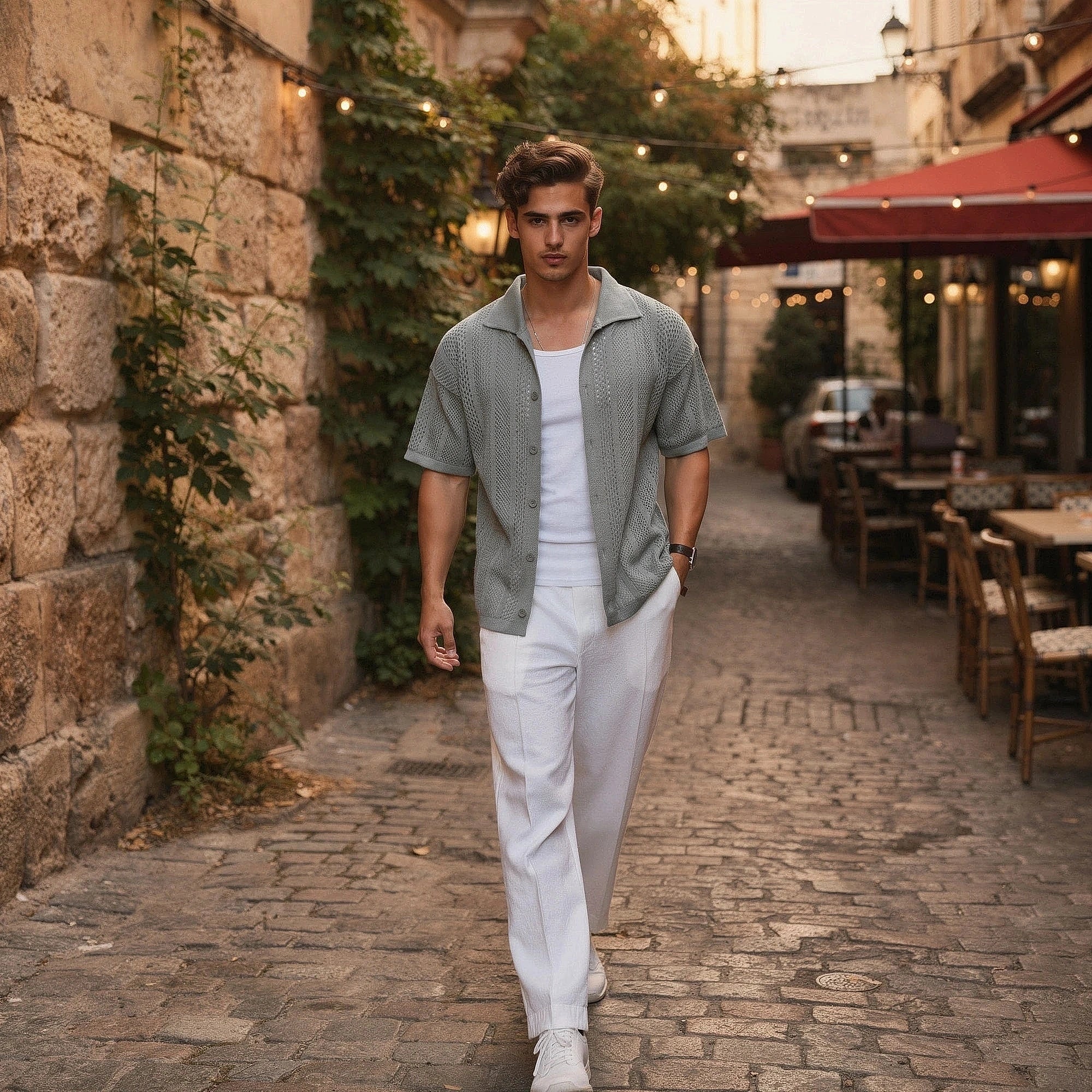 View of a relaxed fit short sleeve shirt in light blue cotton, featuring a classic collar and subtle stitching details