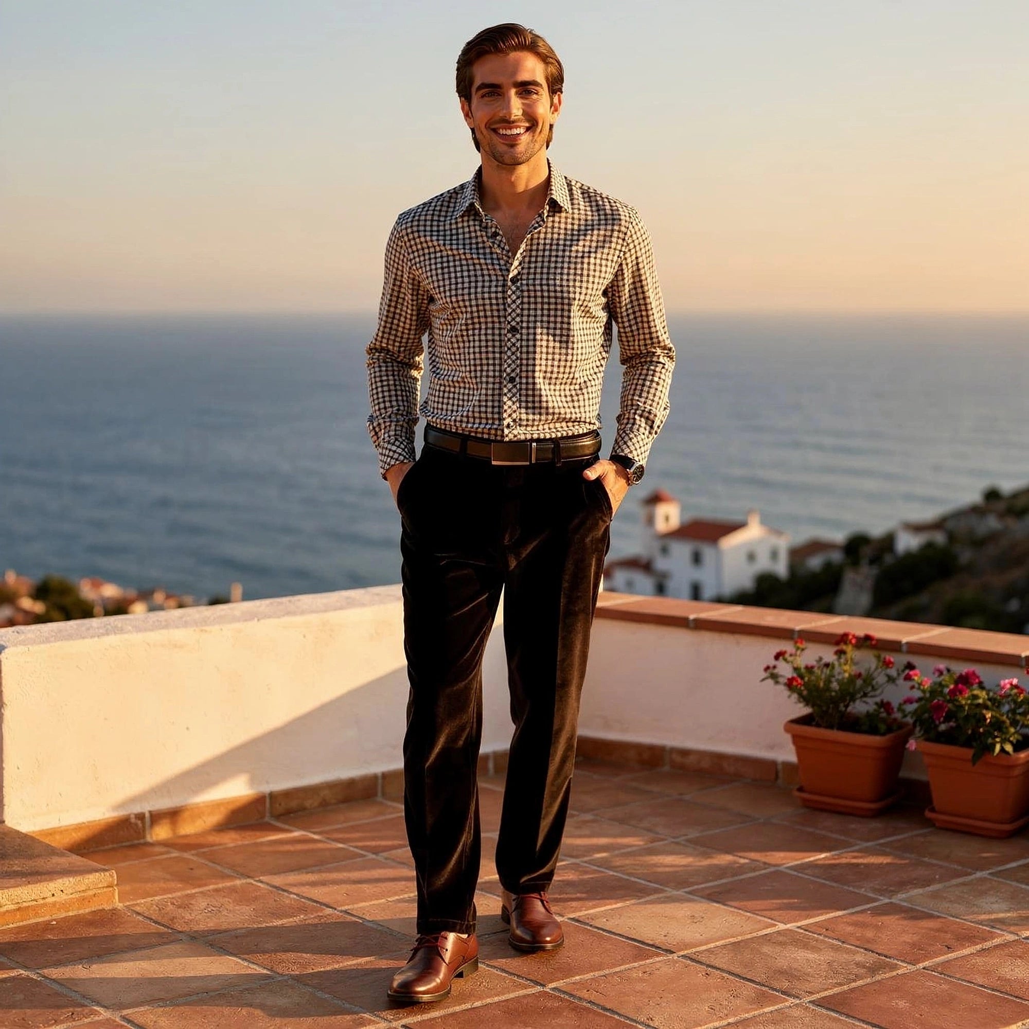 View of luxurious tailored velvet dress pants in deep navy blue, featuring a sleek fit and subtle sheen